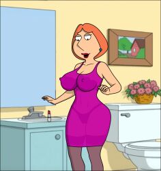 alternate_breast_size back_view bathroom breasts clothing dress dressing erect_nipples erect_nipples_under_clothes family_guy large_breasts lois_griffin opacity red_hair sexfightfun show smiley_face stockings transparent transparent_clothing