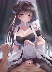 1boy 1girls absurdres azur_lane bangs bare_shoulders blush breasts brown_legwear cleavage clothed_female_nude_male clothed_sex cowgirl_position dark-skinned_male dark_skin dress female grey_eyes highres interracial large_breasts light-skinned_female light_skin long_hair looking_at_viewer newcastle_(azur_lane) one_side_up pantyhose pussy satou_aji sex smile straddling straight thighs torn_clothes torn_legwear white_dress