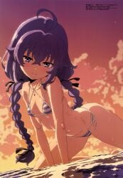 absurdres adorable all_fours bangs beach bikini blue_eyes blue_hair blue_mizugi blush braid cameltoe covered_nipples crossed_bangs cute female fujii_shingo hair_between_eyes highres holy_relic kawaii long_hair looking_at_viewer megami_magazine mizugi mushoku_tensei navel official_art pantsu petite purple_eyes purple_hair roxy_migurdia shiny shiny_hair shiny_skin side-tie_bikini skindentation smile solo striped striped_bikini striped_swimsuit sunset swimsuit tight_pantsu twin_braids wet white_mizugi young young_female young_girl young_woman