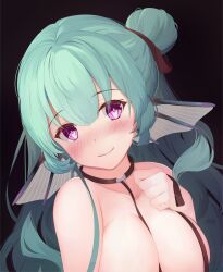 absurdres black_background blush breasts cleavage closed_mouth collar collarbone eyebrows_visible_through_hair female finana_ryugu green_hair hair_between_eyes hair_bun hair_down head_fins head_tilt highres large_breasts leash long_hair looking_at_viewer mermaid monster_girl nijisanji nijisanji_en nude purple_eyes simple_background smile solo upper_body very_long_hair virtual_youtuber zephryion