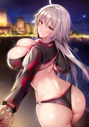 1boy 1girls 2022 ahoge beach bikini black_bikini blue_gk blush breasts cropped_jacket fate/grand_order fate_(series) female hi_res hips holding_hands huge_breasts jacket jeanne_alter jeanne_alter_(swimsuit_berserker) long_hair male male_pov night outdoors pov slim_waist smile thick_thighs thighs white_hair wide_hips yellow_eyes