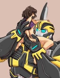 alien alien_boy blue_eyes breath brown_hair bumblebee bumblebee_(transformers) charlie_watson clothing grabbing_head human human/robot larger_male lifting lifting_person moaning pussy_licking robot romantic smaller_female sweat teenager transformers transformers_prime wholesome youkaiyume