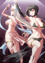 2girls absurdres ahoge animal_ears ara_haan arm_up armpits ass bangs bare_legs bare_shoulders barefoot bikini black_bikini black_hair blush bracelet breasts cat_ears cleavage closed_mouth collarbone dancer detached_sleeves elsword eve_(elsword) eyebrows_visible_through_hair female gradient gradient_background hair_between_eyes highres jewelry large_breasts long_hair long_sleeves multiple_girls navel o-ring pink_bikini purple_background red_eyes sarong see-through sideboob silhouette standing standing_on_one_leg stomach swimsuit thighlet toned veca very_long_hair white_hair