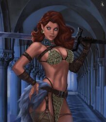 1girls auburn_hair belt breasts cleavage curvaceous curvy curvy_female curvy_figure exposed_torso female female_focus female_only hourglass_figure inner_sideboob light-skinned_female light_skin marvel marvel_comics mostly_nude mostly_nude_female pose posing posing_with_weapon red_hair red_sonja solo solo_female sword tattiart voluptuous