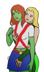 2d 2girls alien alien_girl alien_look_like_human artemis_crock blonde_hair breast_grab dc dc_comics female female_only freckles green-skinned_female green_skin heroine lesbian megan_morse miss_martian multiple_girls red_hair young_justice yuri