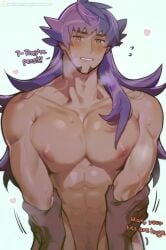 1boy ambush_(trap) arm_grab bara beard blush braid dark-skinned_male dark_skin dialogue embarrassed english_text leon_(pokemon) long_hair looking_at_viewer maemoooo male male_only muscular muscular_male nintendo nude nude_male pecs pokemon pokemon_ss pov pov_eye_contact purple_hair steamy_breath teeth_clenched white_background yaoi