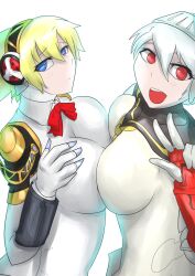 aegis_(persona) aigis_(persona) big_breasts breast_press labrys persona persona_3 persona_4 persona_4_arena usagiforehead