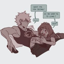 1boy 1girls assertive english_text female hand_on_another's_stomach hand_on_head hand_on_penis handjob holding_penis imminent_fellatio imminent_oral katsuki_bakugou male muscular my_hero_academia noname_o ochako_uraraka oral pink_cheeks spiky_hair straight text