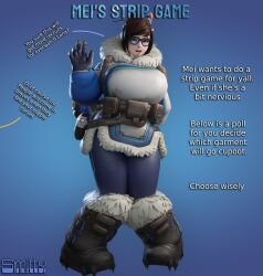 1girls 3d blender_(software) female female_only glasses large_breasts mei_(overwatch) overwatch parka smitty34 solo strip_game tagme text thick_thighs