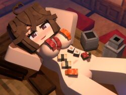 3d beveledblock blush breasts brown_hair covered_nipples detailed_background hands_behind_head laying_down looking_at_viewer mida_(beveledblock) mine-imator minecraft nyotaimori pussy red_eyes smile smiling smiling_at_viewer sushi