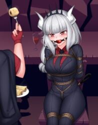 1girls arms_behind_back ball_gag blazer bondage buisness_suit crotch_rope crown crying female_focus gag helltaker horns legs_tied legs_together looking_at_another lucifer_(helltaker) pancake plusout red_eyes sitting suit tail tail_tied tie white_hair