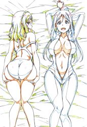 arms_behind_back ass bed belly_button big_ass big_breasts big_hips blonde_hair blue_hair breasts busty dat_ass diving_suit female female_only hips holding_ass kotokoto_(jumon) laying_down laying_on_bed laying_on_stomach love_live! love_live!_sunshine!! matsuura_kanan minimal_color ohara_mari swimsuit tagme