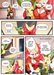 big_breasts braixen bray_(lucyfercomic) breasts cleavage drunk_female eeveelution female female_focus hybrid kaito_(inarifox) leafeon lucyfercomic male nintendo pokemon pokemon_(species)