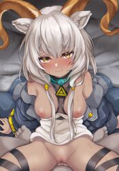 1boy absurdres animal_ears arknights beeswax_(arknights) between_breasts black_collar black_jacket blush breasts breasts_out censored clothes_between_breasts clothes_pull collar cowboy_shot daram_(shappydude) dark-skinned_female dark_skin female goat_ears goat_girl goat_horns grey_hair groin highres horns infection_monitor_(arknights) jacket light_smile long_hair looking_at_viewer low-tied_long_hair low_twintails medium_breasts mosaic_censoring nipples off_shoulder open_clothes open_jacket penis pov pussy sex shirt shirt_pull solo_focus straight sweat thigh_strap twintails vaginal_penetration white_shirt yellow_eyes