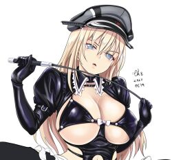 bangs bismarck_(kantai_collection) black_bra black_gloves black_headwear blonde_hair blue_eyes bra breasts cleavage clothing_cutout dated detached_collar dominatrix elbow_gloves female gloves hair_between_eyes hat holding_riding_crop kantai_collection large_breasts latex long_hair navel_cutout parted_lips peaked_cap puffy_short_sleeves puffy_sleeves riding_crop short_sleeves shrug_(clothing) signature simple_background solo tk8d32 underbust underwear white_background