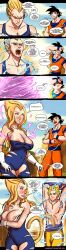 blonde_hair blush breast_expansion clothing_damage dragon_ball embarrassed female_vegeta gender_transformation goku hair_growth kannelart mtf_transformation ripped_clothing rule_63 son_goku super_saiyan super_saiyan_2 transformation vegeta