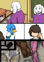 age_difference anthro beak bed berdly blue_fur breasts brown_body cellphone clothed clothing comic condom cum deltarune dilf duo faceless_female faceless_male fangs female filled_condom fur glasses hair hakiahki human kris_(deltarune) male male/female mature_female mature_male milf older_male on_bed open_mouth purple_body purple_hair sex simple_background smile straight susie_(deltarune) sweat toriel ugly_man undertale white_fur younger_female