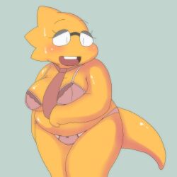 1girls 2d alphys aruput aruput_ut big_breasts blush bra chubby female female_only glasses humanoid lizard_girl lizard_humanoid necktie overweight overweight_female panties solo tagme tie undertale undertale_(series) underwear