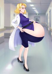 belly big_belly bloated_belly blonde_hair blush clothing female huge_belly large_breasts neon_genesis_evangelion nipple_bulge one_eye_closed pregnant ritsuko_akagi silkyomega skirt