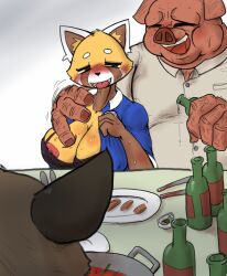 age_difference aggressive_retsuko anthro big_penis blush bodily_fluids breast_grab breasts brown_fur canid canine canis clothed clothing comic dilf director_ton domestic_dog domestic_pig drunk female fur group haida hakiahki hyena male male/female mammal mature_male nipples nude office_lady older_male open_mouth open_smile partially_clothed retsuko sanrio size_difference smile smooth_fur suid suina sus_(pig) tongue young younger_female