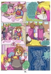 2014 anthro babystar biped blush clothing comic detailed_background dialogue english_text felid feline female fur group hair hi_res lynx male mammal shirt sitting speech_bubble standing star_(babystar) text topwear trio