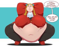 1girls arms_behind_back arms_behind_head bbw belly big_belly big_breasts blonde_hair breasts fat female ffa5 huge_belly huge_breasts karin_kanzuki morbidly_obese nipple_bulge obese overweight overweight_female solo_female squatting ssbbw street_fighter weight_gain