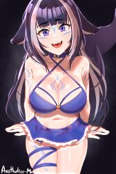 aestheticc-meme bikini bikini_skirt black_hair blue_bikini breasts chussy cleavage collar indie_virtual_youtuber large_breasts long_hair looking_at_viewer midriff multicolored_hair navel open_mouth purple_eyes shylily sitting skirt smile swimsuit tail tattoo thick_thighs thigh_strap thighs two-tone_hair very_long_hair virtual_youtuber whale_tail white_hair