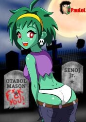 1girls ass back_view cemetery earring full_moon green_hair green_skin looking_back moon night open_mouth panties paulol red_eyes rottytops shantae short_hair showing_ass showing_panties smooth_skin solo tombstone underwear wayforward white_panties zombie_girl