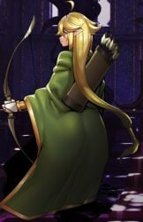 1boy ass_visible_through_clothes behind_view blonde_hair bow_(weapon) charlotte_(last_devil) elf elf_male femboy last_devil long_hair male male_only niur quiver rear_view robe solo