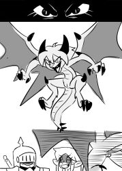 1boy 2girls black_and_white comic dragon dragon_girl dragon_horns dragon_tail dragon_wings elf elf_ears elf_female grin grinning horns knight no_breasts no_color original original_characters pointy_ears pussy spiked_tail xierra099