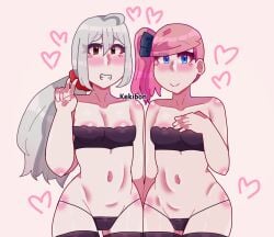 2girls black_panties black_thighhighs blue_eyes blush brown_eyes danganronpa danganronpa_another fanganronpa hair_ribbon heart kabuya_yoruko kekibon matching_underwear panties pink_hair ponytail red_scrunchie ribbon scrunchie sdra2 silver_hair smooth_skin sora_(super_danganronpa_another_2) straight_hair super_danganronpa_another_2 thighhighs tube_top