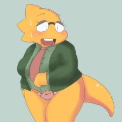 1girls 2d alphys aruput aruput_ut blush chubby female female_only glasses humanoid lizard_girl lizard_humanoid necktie panties solo tagme tie undertale undertale_(series) uniform