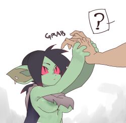 black_hair breasts cute gobbo_(kooni) goblin goblin_female green-skinned_female hand_grab kooni piercing pointy_ears red_eyes shortstack tattered_clothing