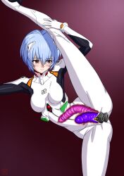 ass blue_hair blush bodysuit bondage breasts buttplug clothed_masturbation clothing dildo double_penetration embarrassed faker hips legs masturbation medium_breasts neon_genesis_evangelion plug_(sex_toy) plugsuit red_eyes rei_ayanami see-through sex_toy short_hair skin_tight thighs x-ray