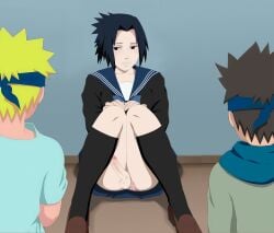 3boys before_gangbang before_sex blush femboy gay imminent_sex male male_only naruto naruto_(series) penis penis_out sarutobi_konohamaru sasuke_uchiha school_uniform teasing teasing_penis third_party_edit threesome uncensored uzumaki_naruto yaoi