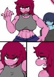 abs anthro blue_body blue_hair breasts clothed clothing comic deltarune fangs hair hakiahki human kris_(deltarune) male muscular_female open_mouth purple_body purple_hair simple_background susie_(deltarune) tomboy