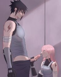 1boy 1girls anbu_(naruto) arm_tattoo bandage black_hair blowjob clothing fellatio fingerless_gloves genitals green_eyes jyacira1 male/female naruto naruto_(series) naruto_shippuden oral penis penis_grab pink_hair sakura_haruno saliva_trail sasuke_uchiha straight tattoo