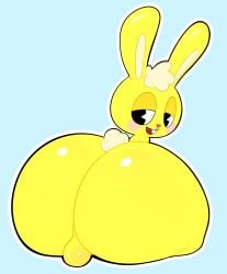 2024 anthro ass backsack balls big_butt blue_background buckteeth cuddles_(htf) english_description fur genitals half-closed_eyes happy_tree_friends head_tuft heart_nose heart_symbol hi_res lagomorph leporid long_ears looking_back male mammal mu_(artist) narrowed_eyes open_mouth pink_cheeks rabbit rabbit_ears rear_view red_nose simple_background sitting small_tail smile solo tail teeth tuft yellow_body yellow_fur