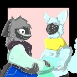 absurd_res animal_genitalia animal_penis archie_(zabivnoy_krabsburger) balls big_balls big_penis blue_body blue_penis blush bottomwear bottomwear_down claws clothed clothing equine_genitalia equine_penis finger_claws fluffy genitals hi_res huge_balls huge_cock machine male male/male male_focus male_only mismatched_genitalia oleg_(zabivnoy_krabsburger) pants pants_down partially_clothed penis protogen purple_clothing surprised_expression yellow_clothing zabivnoy_krabsburger