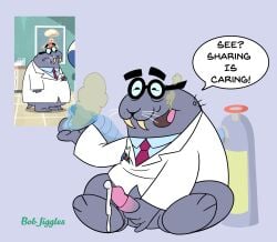 anthro blue_body blue_skin bob-jiggles bodily_fluids bottomless bottomless_anthro bottomless_male clothed clothing coat comedic container cum cum_string dialogue doctor dot_eyes ejaculation erection eyebrows eyewear feet genital_fluids genitals glasses goofy_smile half-closed_eyes hi_res hindpaw holding_object holding_penis humor lab_coat laughing_gas leaking_cum male mammal marine masturbation medical_instrument mostly_nude mostly_nude_anthro mostly_nude_male narrowed_eyes necktie nelvana office_clothing open_mouth partially_clothed partially_clothed_anthro partially_clothed_male paws pen_in_pocket penis pinniped pockets reference_image scaredy_squirrel scientific_instrument signature simple_eyes sitting smile smiling_at_viewer smoke smoke_from_mouth solo speech_bubble spread_legs spreading thick_eyebrows tongue topwear tusks walrus walrus_doctor_(scaredy_squirrel) wearing_glasses whisker_spots whiskers