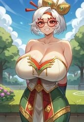 1girls ai_generated big_breasts breasts civitai cleavage clouds collarbone dress exposed_shoulders female glasses gown highres large_breasts light-skinned_female nintendo outside purah purah_(tears_of_the_kingdom) red_eyes red_glasses sheikah skin_tight smile solo tears_of_the_kingdom the_legend_of_zelda white_hair