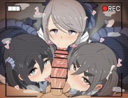 1boy 3girls :>= all_fours amamiya_satsuki_(mono) bar_censor battery_indicator black_hair blue_eyes blue_skirt bright_pupils captain_bouzu censored cooperative_fellatio erection fellatio grey_hair hair_ornament hair_scrunchie heart highres kiriyama_ann licking licking_penis long_sleeves looking_at_viewer mono_(afro) multiple_girls oral penis pov purple_eyes recording scrunchie shikishima_sakurako skirt straight teamwork_(sexual) testicle_sucking testicles tongue tongue_out viewfinder white_pupils