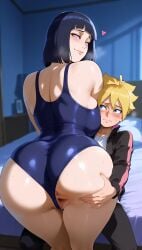 ai_generated big_ass big_breasts boruto:_naruto_next_generations breasts closed_mouth huge_ass huge_breasts hyuuga_hinata incest jorai123 light-skinned_female looking_back mature mature_female mature_figure mature_woman milf mother_and_son naruto_(series) school_swimsuit short_hair smaller_male spread_pussy swimsuit uzumaki_boruto white_skin