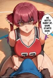 1boy ai_generated bangs bare_shoulders breasts busty caption cheating cleavage comic comic_page commission dialogue english_text eyebrows_visible_through_hair female fit hair_ribbon hololive houshou_marine indie_virtual_youtuber interracial large_breasts long_hair looking_at_viewer netorare patreon patreon_url patreon_username pov red_eyes red_ribbon ribbon sinderellaart solo_focus straight sweat text text_bubble thick thick_legs thick_thighs toned_female twintails v-shaped_eyebrows virtual_youtuber volleyball volleyball_uniform voluptuous vtuber yellow_eyes youtube youtuber