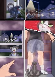 5_fingers absurd_res ass big_butt biped blush bodily_fluids bulge clothed clothing collar comic domestic_cat duo fangs felid feline felis female feral fingers fur genital_fluids green_eyes hi_res huge_butt human human_on_feral interspecies kiffy_(artist) male male/female mammal meow open_mouth precum precum_through_clothing pupils quadruped slit_pupils tail teeth wet wet_clothing whiskers zoophilia