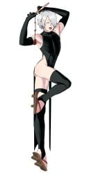 alternate_costume armpits arms_up black_gloves crossdressing cute_fang dilf dress elbow_gloves femboy femboy_dilf full_body gegege_no_kitarou geta gloves hair_over_one_eye hand_fan humanoid kitarou_tanjou_gegege_no_nazo male male_only medama_oyaji_(human) pale-skinned_male pale_skin pelvic_curtain rinshi_(pixiv) skin_tight smile solo stirrup_legwear toned toned_male white_hair youkai