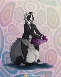 abstract_background absurd_res anthro balls big_balls big_penis black_body black_clothing black_fur black_nose black_topwear bottomless canid canine clothed clothing erection fangs full-length_portrait fur genitals grey_body grey_fur hi_res huge_balls huge_cock humanoid_genitalia humanoid_penis hyper hyper_balls hyper_genitalia james_(verne_nicolaio) male mammal open_clothing open_mouth open_smile open_topwear penis portrait purple_eyes purple_penis purple_tongue raccoon_dog smile solo standing tanuki teeth thecluelessfox tongue topwear vein veiny_penis white_body white_fur