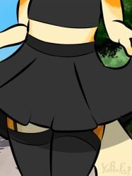 animated anthro black_bottomwear black_clothing black_skirt bottomwear canid canine canis chastity_cage chastity_device clothed clothing clothing_lift crop_top dialogue femboy flashing garter_straps hybrid legwear male mammal no_underwear park pink_chastity_cage shirt skirt skirt_lift thigh_highs topwear ulaan wolf yaboyfoz!