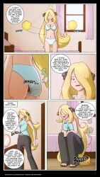 1girls blonde_hair comic comic_page cynthia_(pokemon) diaper diaper_under_clothing female hypnosis light_skin messy_diaper pokemon pokemon_dppt scat shit shitting soiling soiling_diaper soiling_underwear stomach_noises underwear