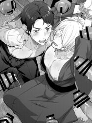 10boys arms_behind_back arms_up bar_censor blush bound bound_wrists bulge dilf duo_focus erection facial_scar fangs gangbang gay gegege_no_kitarou hair_over_one_eye high-angle_view imminent_rape imminent_sex kimono kitarou_tanjou_gegege_no_nazo male male_only marao medama_oyaji_(human) mizuki_(gegege_no_kitarou) monochrome multiple_boys open_shirt pecs penis restrained rope rope_bondage scar surrounded surrounded_by_penises sweat yaoi